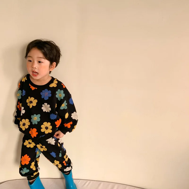 

Fall New Boys and girls Sun Flower Clothes Set Children Lace Patchwork Outfits Fashion 2Pcs Suits Brother and sister Clothes