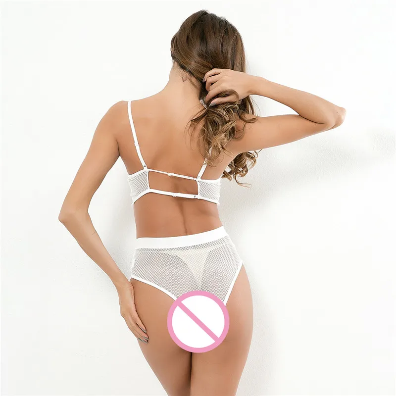 

2Pcs Women Lingerie Exotic Set Solid Color Sheer V-neck Bra Middle Elastic Waist Panty Girlfriend Lace Hollow Out Sleepwear 2021