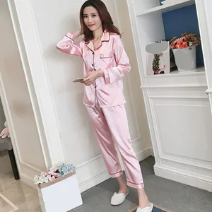 Женская шелковая пижама, атласная Женская одежда с длинными рукавами и отложным воротником, комплекты с карманами на пуговицах, топ + брюки, Женская шелковая пижама