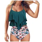 Купальник-бикини женский, комплект из двух предметов, топ с двумя воланами и высокая талия, с рюшами, размера плюс