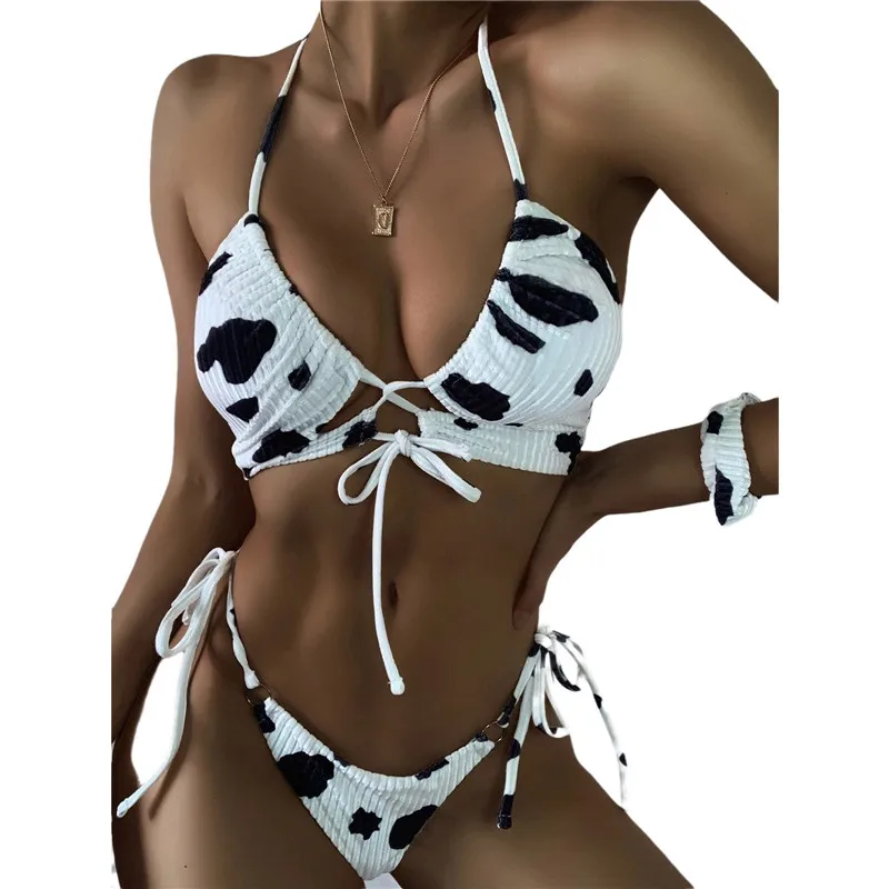 

Women's Two-piece Printed Bikini Set Triangle Lace-up Top with Babndage Thong Briefs Swimsuit Set