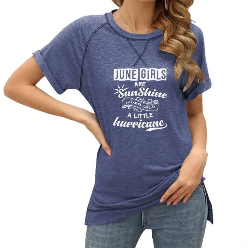 

Fashion Loose Women Short Sleeves T-Shirt For Women June Girls Are Sunshine Letters Print Tees Harajuku Summer Hem Slit T-shirt