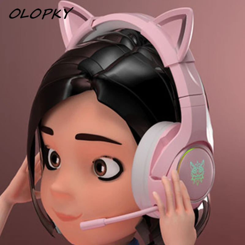 

New product K9 pink cat ear cute girl gaming headset with mic ENC noise reduction HiFi 7.1 channel RGB wired headphone