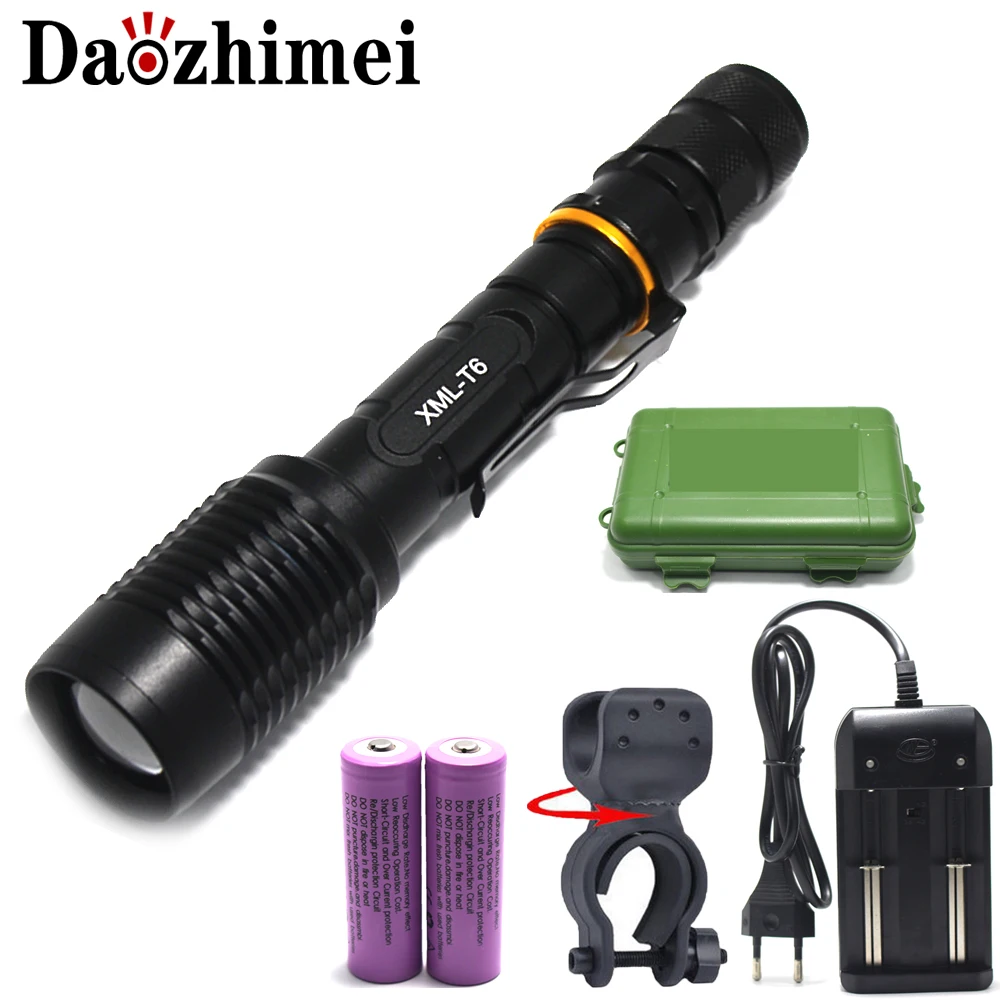 

5000 Lumen Flashlight XM-L T6 LED Flashlight Torch Zoom Lamp Light+2x18650 Battery+EU/US/AU/UK Plug Charger for Hunting