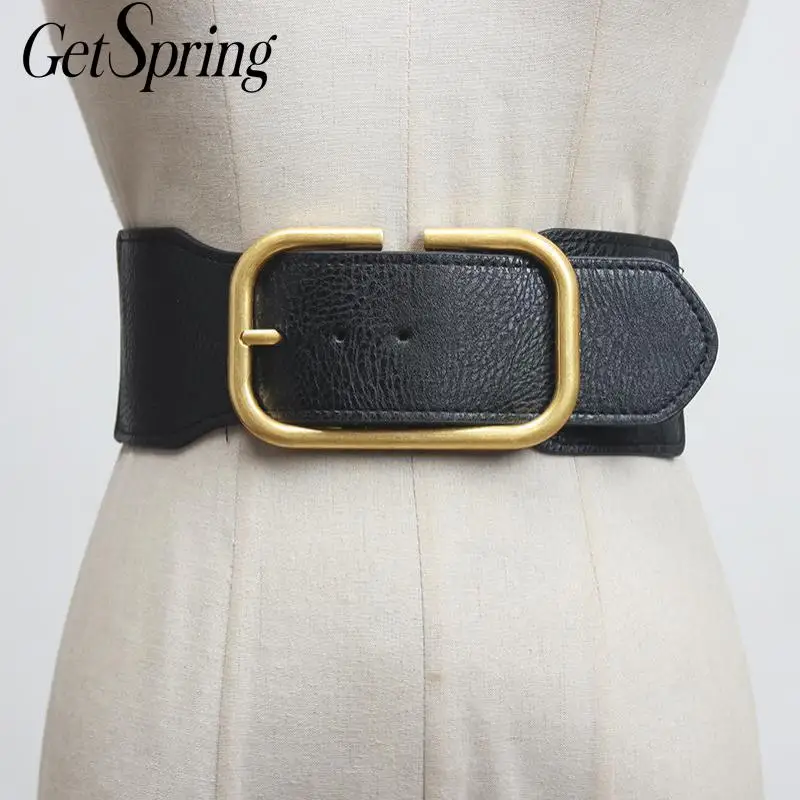 

GetSpring Women Cummerbunds Fashion Wide Belts For Women Simple Black PU Waistband All Match Elastic Waistband Corset Belt 2020