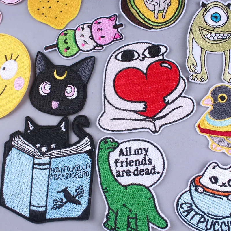 Забавная мультяшная нашивка нашивки с вышивкой Anmal для одежды в полоску котом