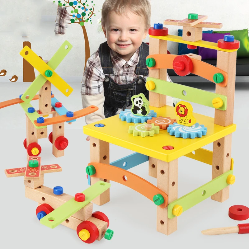 

Kids Wooden Tool Assembling Chair Educational Toy Multifunctional Assembling Chair Toy Baby Learning Intelligent Montessori Toys