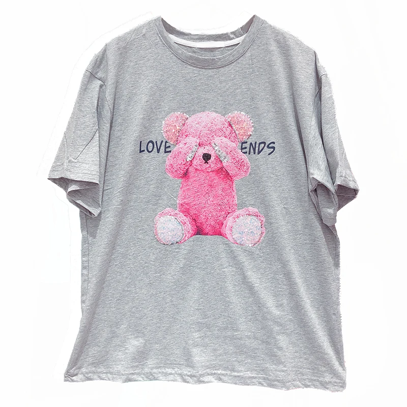 

Girl's Sequined Pink Bear Printed Fashionable Short Sleeve T-shirt Women's Summer New Top Harajuku Tops
