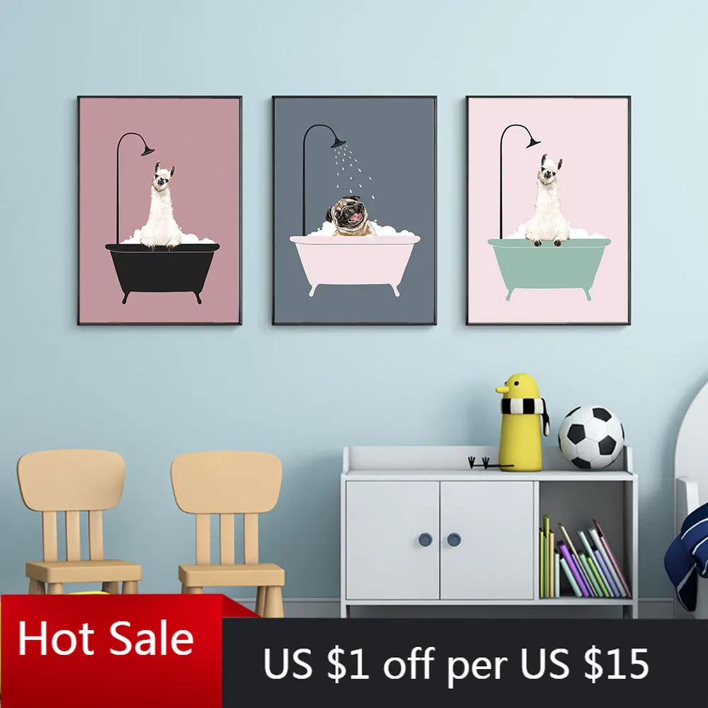 Скандинавский мультяшный стиль милые собаки Купание минимализм Картина на