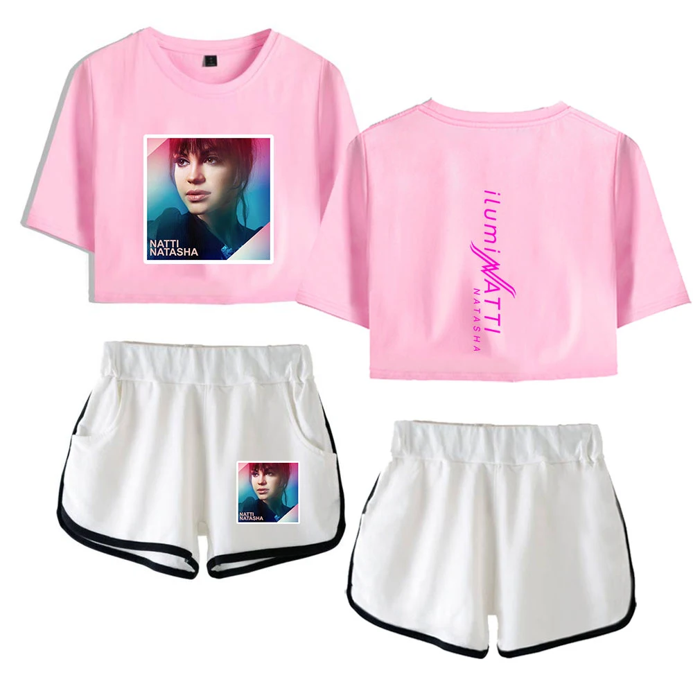

WAWNI Natti Natasha Hidalgo Navel T Shirt Casual Shorts Sexy Two Piece Suit Harajuku Cotton Plus Polyester Hip Hop New Suit