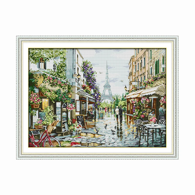 

Paris Street View Painting Cross Stitch Kit DIY Home Decoration 11CT 14CT Count Canvas Printed Embroidery Set Needlework Gifts