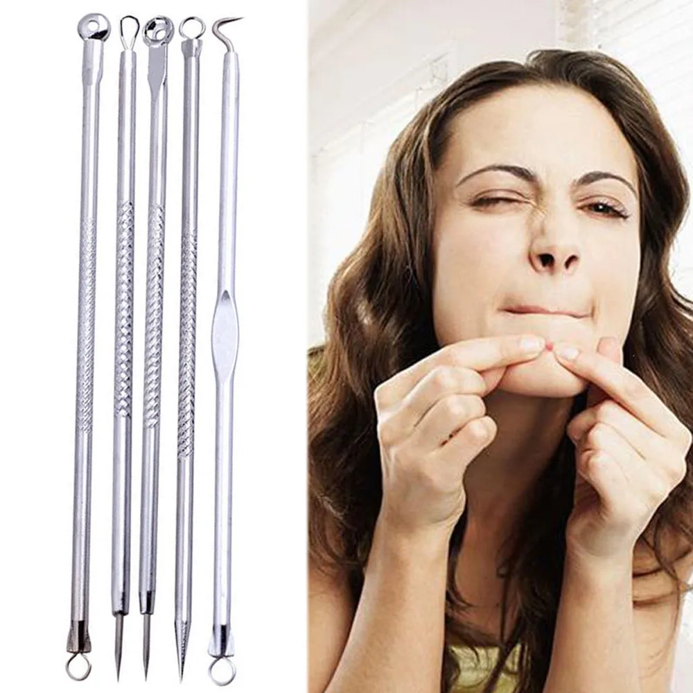 

5 Pcs Stainless Steel Antibacterial Acne Needle Pimple Blemish Comedone Acne Extractor Remover Tool Set
