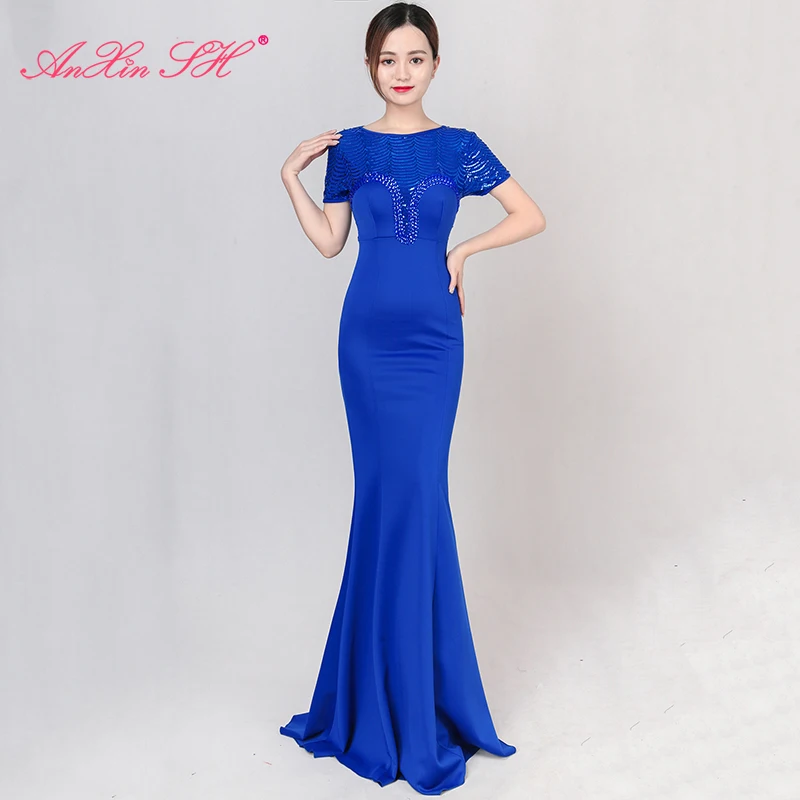 

Винтажное синее вечернее платье-Русалка AnXin SH, темно-синее сексуальное праздничное черное кружевное платье с бусинами и круглым вырезом, ве...