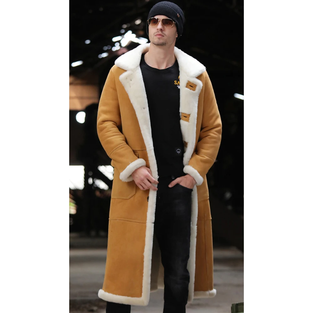 

Genuine Sheep X-Long Shearling Jacket Real Fur Lining Sheep Skin Coat Male Winter Warm Jacket Men Fur Handsome Long Overcoat