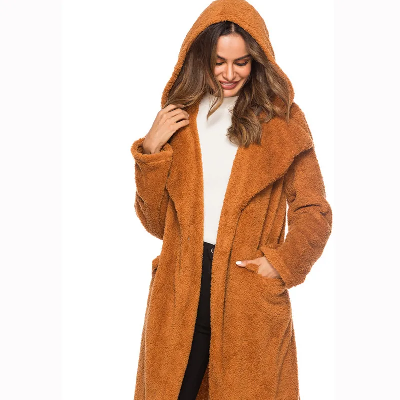 

autumn and winter women's woolen Solid color long coat New lapel hooded vertical pocket temperament wm*