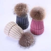 women fluffy real fur pom pom knitted beanies thick warm cap winter kid child warm ski skullies hat bone gorros