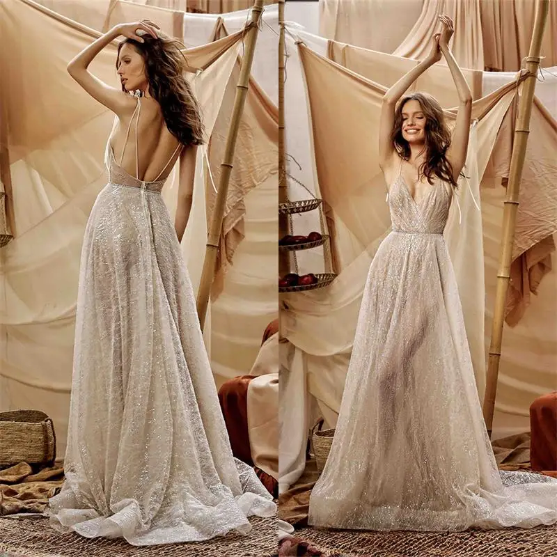 

Graceful New Wedding Dresses V-Neck Illusion Prom Gowns Backless Spaghetti A-Line Evening Dresss