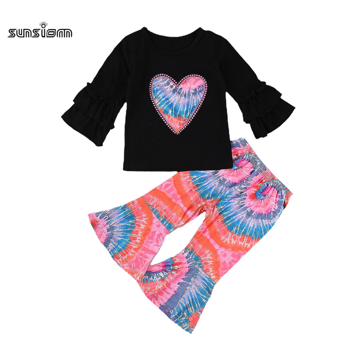 

SUNSIOM модная детская одежда для девочек 1-5 лет, костюм с длинным рукавом, топ с рисунком сердца + длинные Красочные Брюки, Детская осенняя одеж...