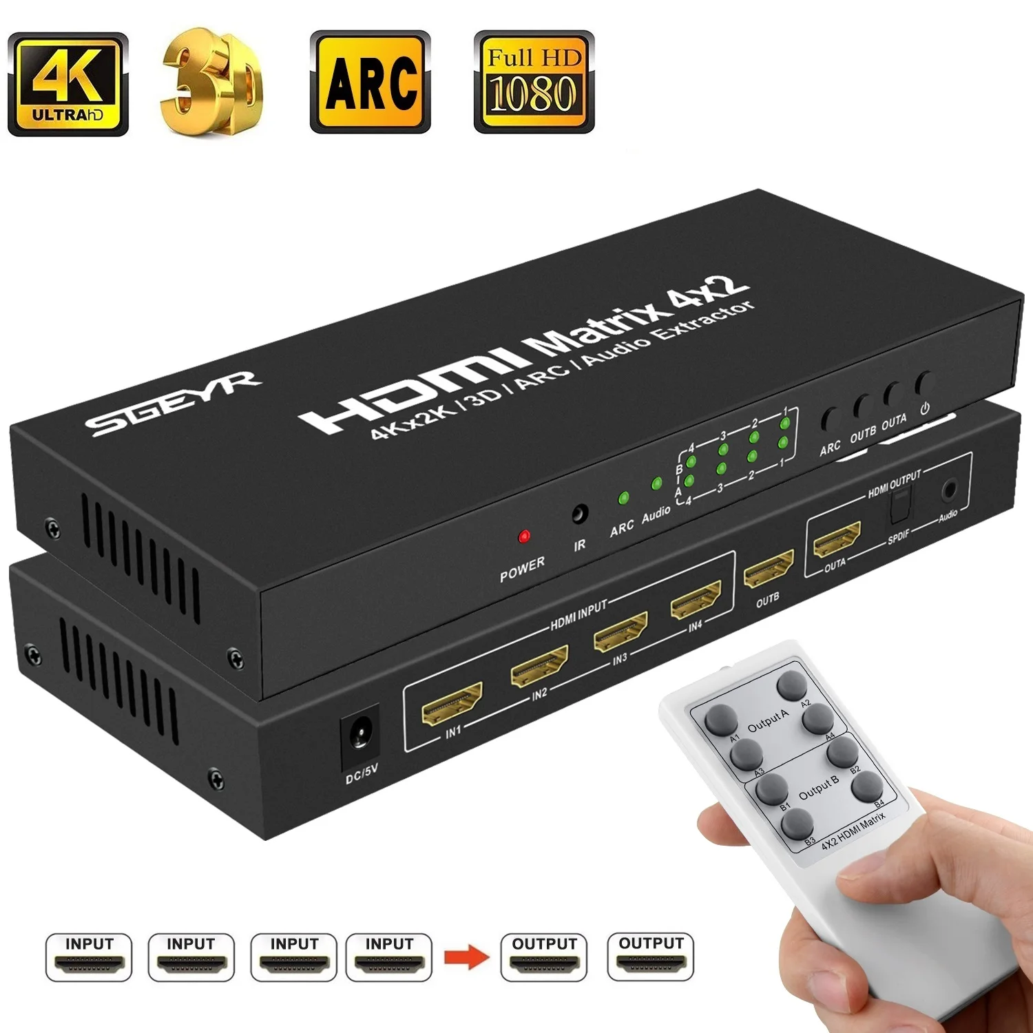 

4Kx2K HDMI True Matrix Switch 4x2 HDMI Splitter SGEYR Switcher Matriz 4 In 2 Out with IR Remote Optical +3.5mm Audio Extractor