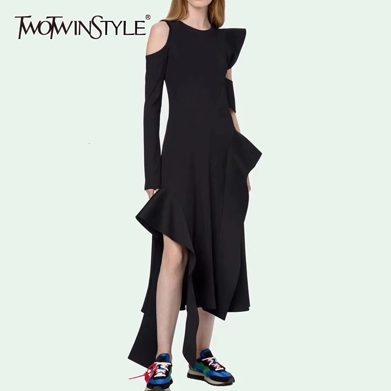 TWOTWINSTYLE 2020 осенние асимметричные платья для женщин воротник с лацканами пышные