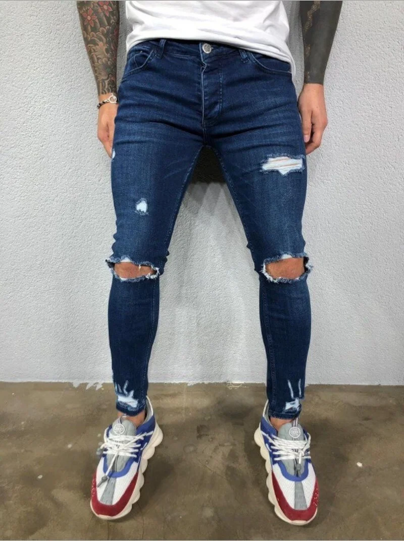 Men Jeans Autumn Pierced Elastic Fashion Ripped Jeans for Men Trend Hole Pencil Pants Solid Color Denim Pants Boyfriend Jeans