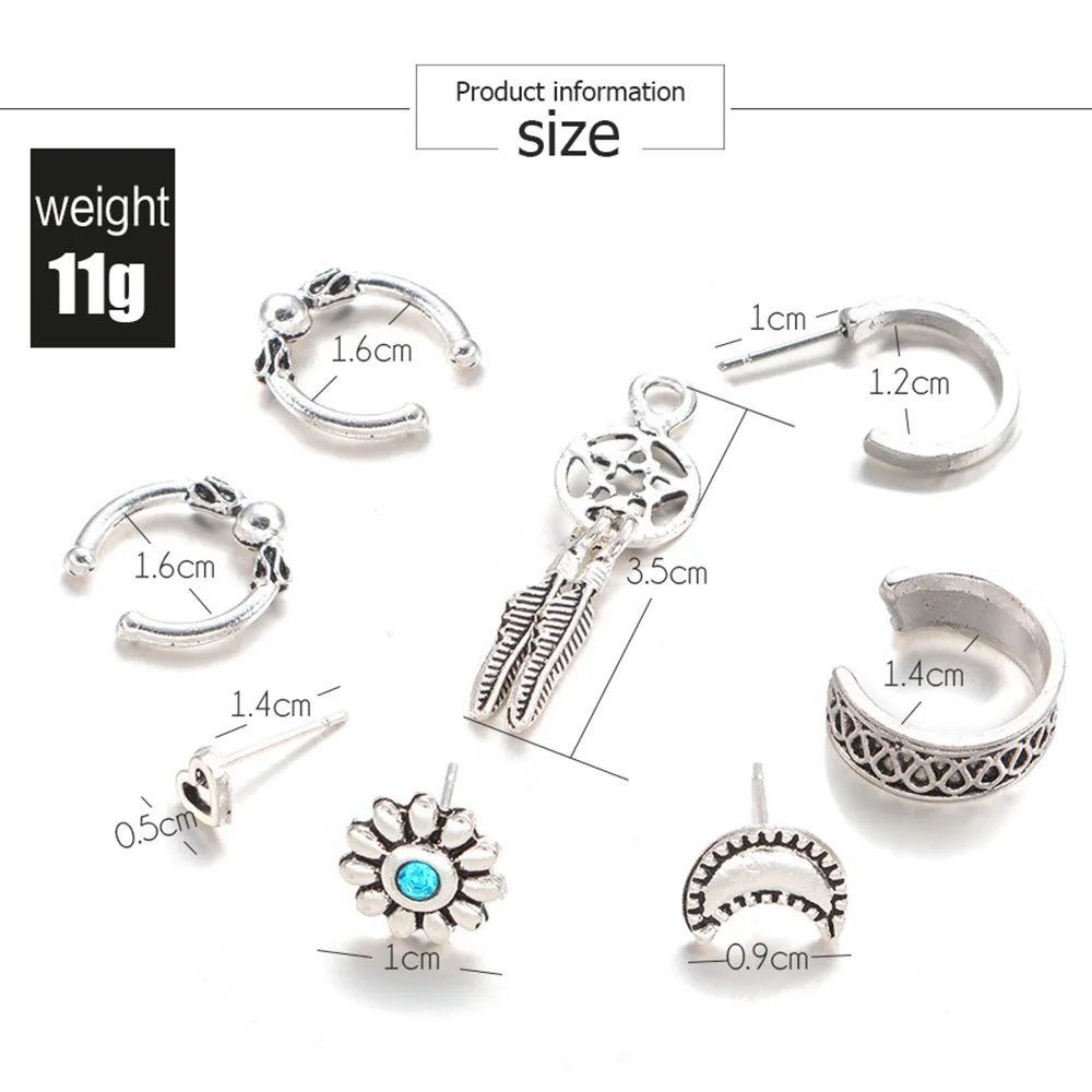 

Explosive fashion European and American retro C-shaped ear clip moon love dream catcher earrings 7-piece set accessories