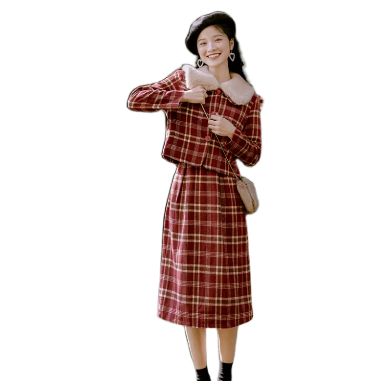 

Maomao brought in restoring ancient ways will long woolen cloth coat suits red plaid cloth coat female dong yuan