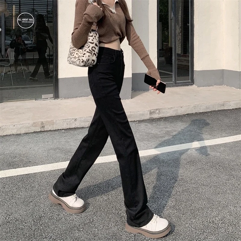 Осенние свободные черные прямые женские джинсовые брюки 2021 корейские облегающие