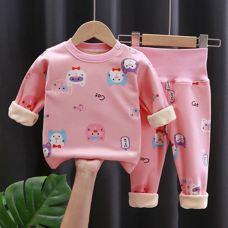 

Комплект термобелья для детей 1-3 лет, с бархатной подкладкой, с высокой талией, для мальчиков и девочек, осенняя одежда, длинные брюки для мал...