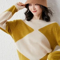 2021 woman winter 100 cashmere sweaters knitted pullovers jumper warm female patchwork blouse o neck long sleeve clothing