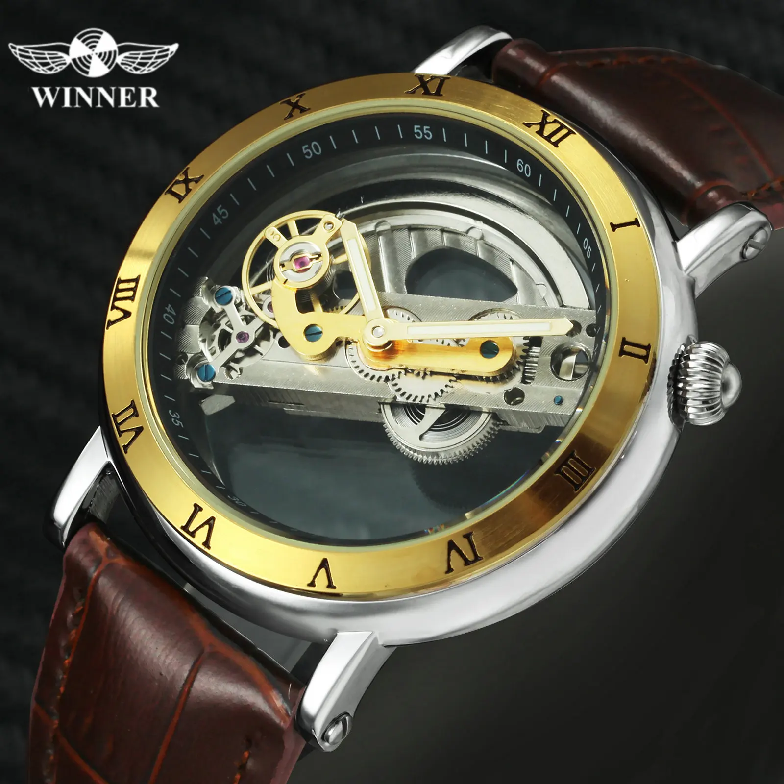 

WINNER Official Mens Automatic Watches Top Brand Luxury Golden Bridge Mechanical Watch Men Leather Strap Vintage Wristwatches