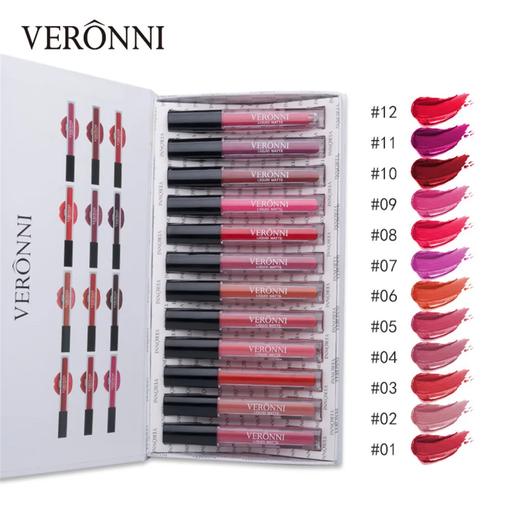 

VERONNI 12Pcs/set Lipstick Easy To Wear Long-lasting Lip Gloss Waterproof