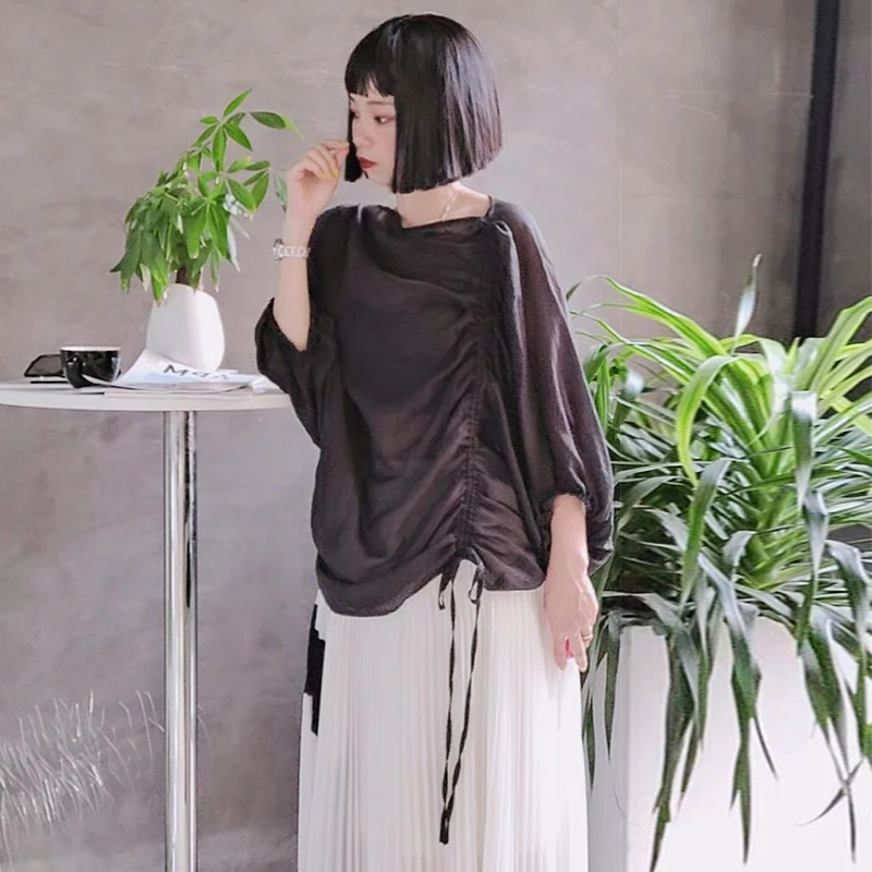 

VGH Minimalist Ruched Shirt For Women O Neck Puff Long Sleeve Straight Drawstring Loose Blouses Female Summer Fashion 2021 Style