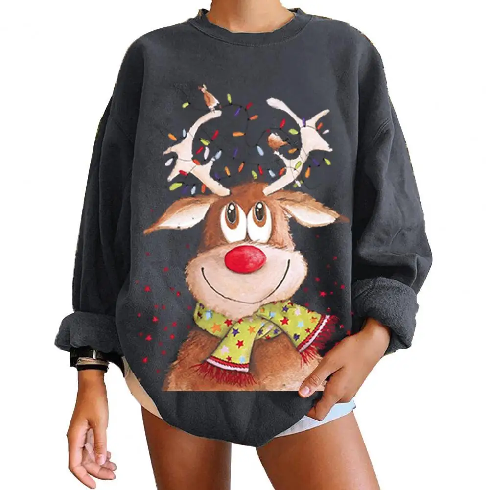 

Lady Sweatshirt Women Long Sleeve Loose Streetwear Large Elk Print O Neck Casual Pullover Sweatshirt Tops for Daily Wear