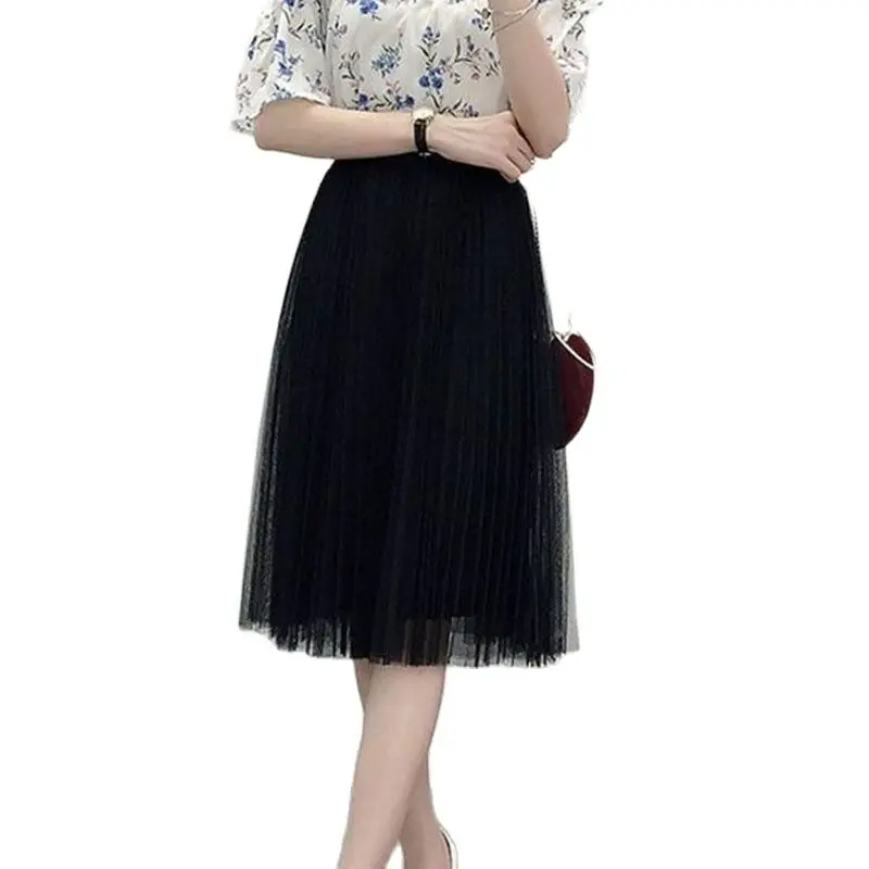 

Mesh Knee-length Skirt Female Spring Summer Autumn Slim Elastic High Waist Pleated Skirts Ladies Casual Office Gauze Skirt Women
