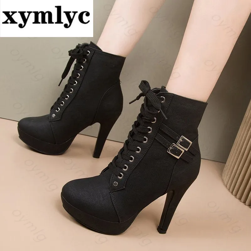 

Women's shoes 2020 PU Martin boots winter large size 43 women's boots round head waterproof platform high heel side zipper