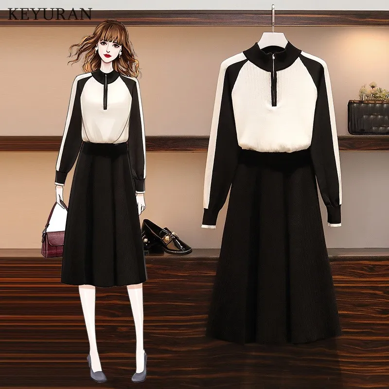 Женский винтажный трикотажный комплект из юбки элегантный пуловер с длинным