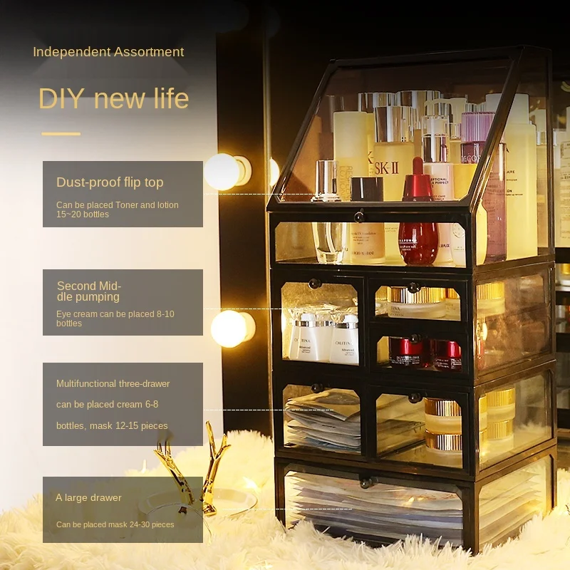 

Cosmetics Storage Box Dustproof Finishing Box Dressing Table Transparent Glass Desktop Simple Internet CelebritySkincare Shelves