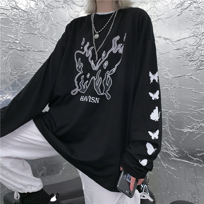 

women spring and autumn Korean Harajuku style retro printing loose bf style bottoming shirt thin black top trend