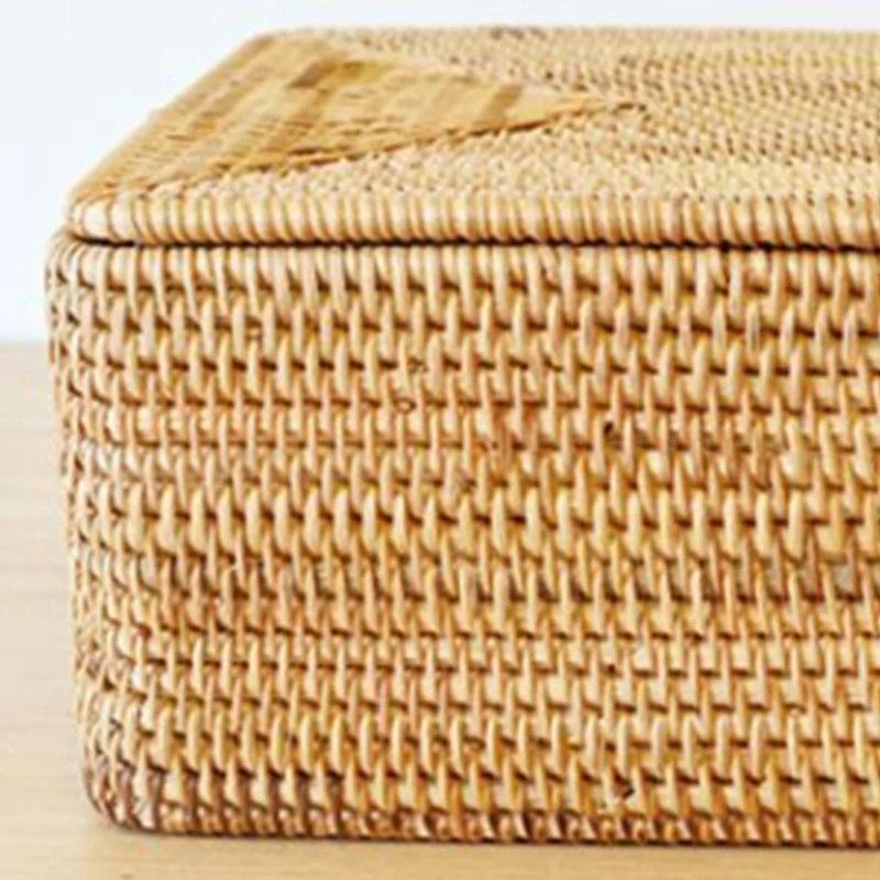 

Autumn Rattan Weave Storage Basket Handmade Clothes Sundries Book Sorting Basket Square with Cover