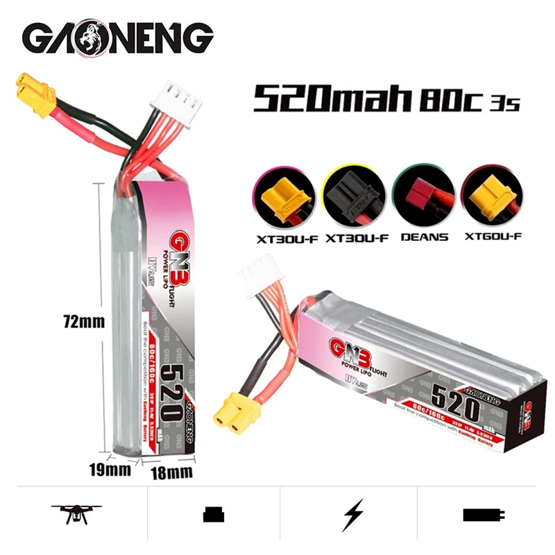 

GAONENG GNB 3S 11,4 V HV Lipo батарея 520mAh 80C/160C с фоторазъемом для Betafpv Beta85X Whoop комнатный FPV Дрон RC части