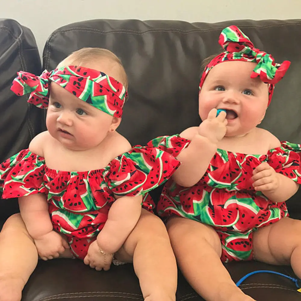 

Baby Girls Watermelon Printed Ruffled Bodysuit with Headwear 0-24M Newborn Infant Toddler Summer Casual Jumpsuit Playsuit Outfit