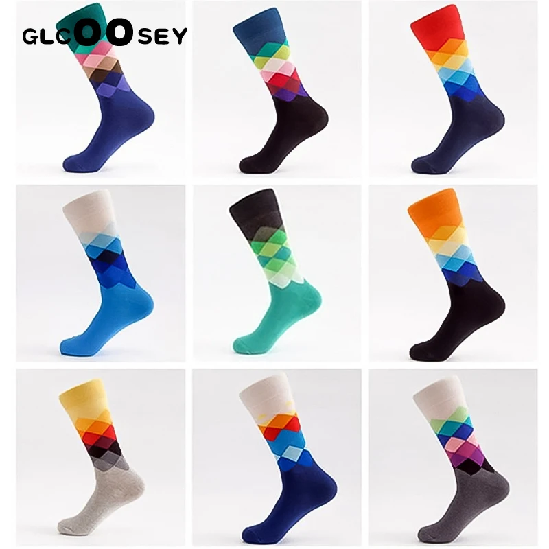 10 пар в комплекте Для мужчин Смешные счастливые носки тонкие пункт ромба