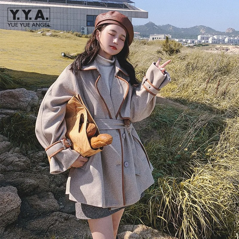 

Retro Women Wool Blends Trench High Street Loose Single Breasted Plaid Short Overcoat 2021 Autumn Winter Female Sashes Wool Coat