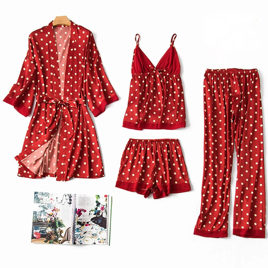 Женский Атласный халат в горошек 4 шт. шелковая пижама ночная рубашка нижнее