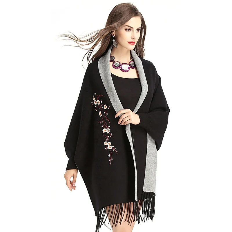 

Autumn Winter Dual-use Embroidery Cashmere Thick Tassel Cloak Female Pashmina Scarves Shawls With Sleeves Wool