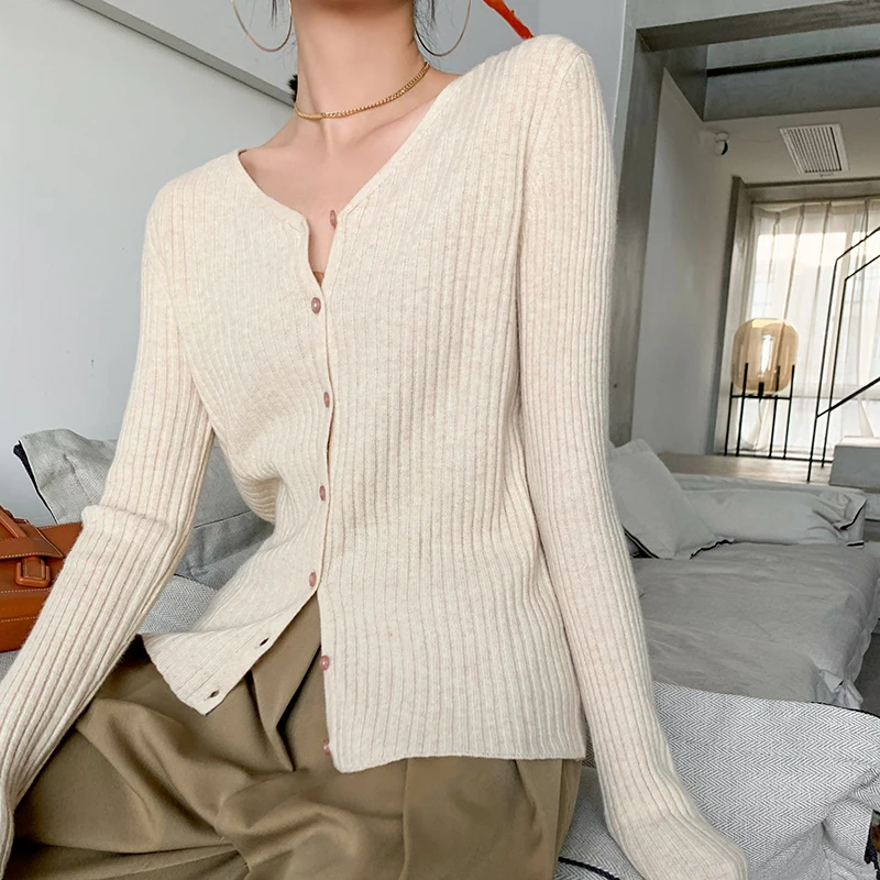Женский кашемировый кардиган облегающая трикотажная рубашка с V-образным
