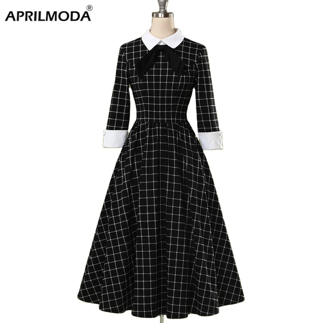 

Long Sleeve Winter Black Plaid Vintage Tunic Dress Hepburn Gingham Retro Turn Down Collar Bowknot A Line Rockabilly Swing Dress