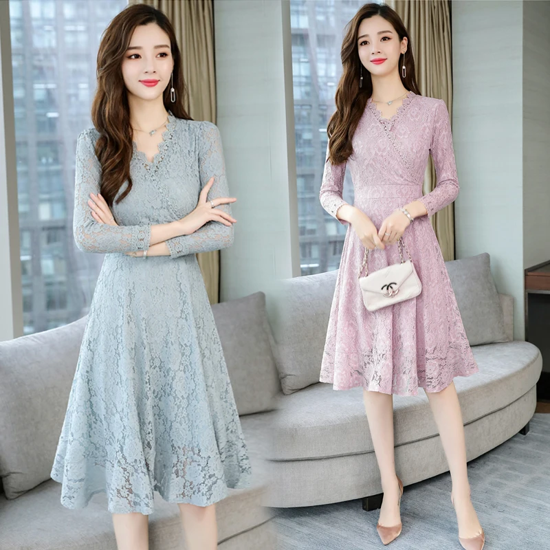 

Lace dresses long-sleeved women's small fresh 2020 spring autumn new temperament mid-length v-neck Slim was thin vestidos D162