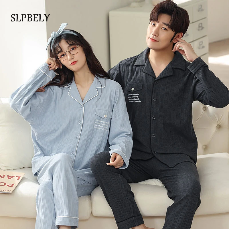 

SLPBELY Cotton Couple Pajamas Set Homesuit Autumn Winter Simple Solid Lapel Long Sleeve Men And Women Nightwear Lovers Pyjamas